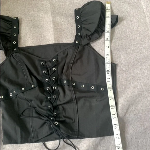 Black Lace Up Goth Grunge Puff Sleeve Blouse - Picture 6 of 7